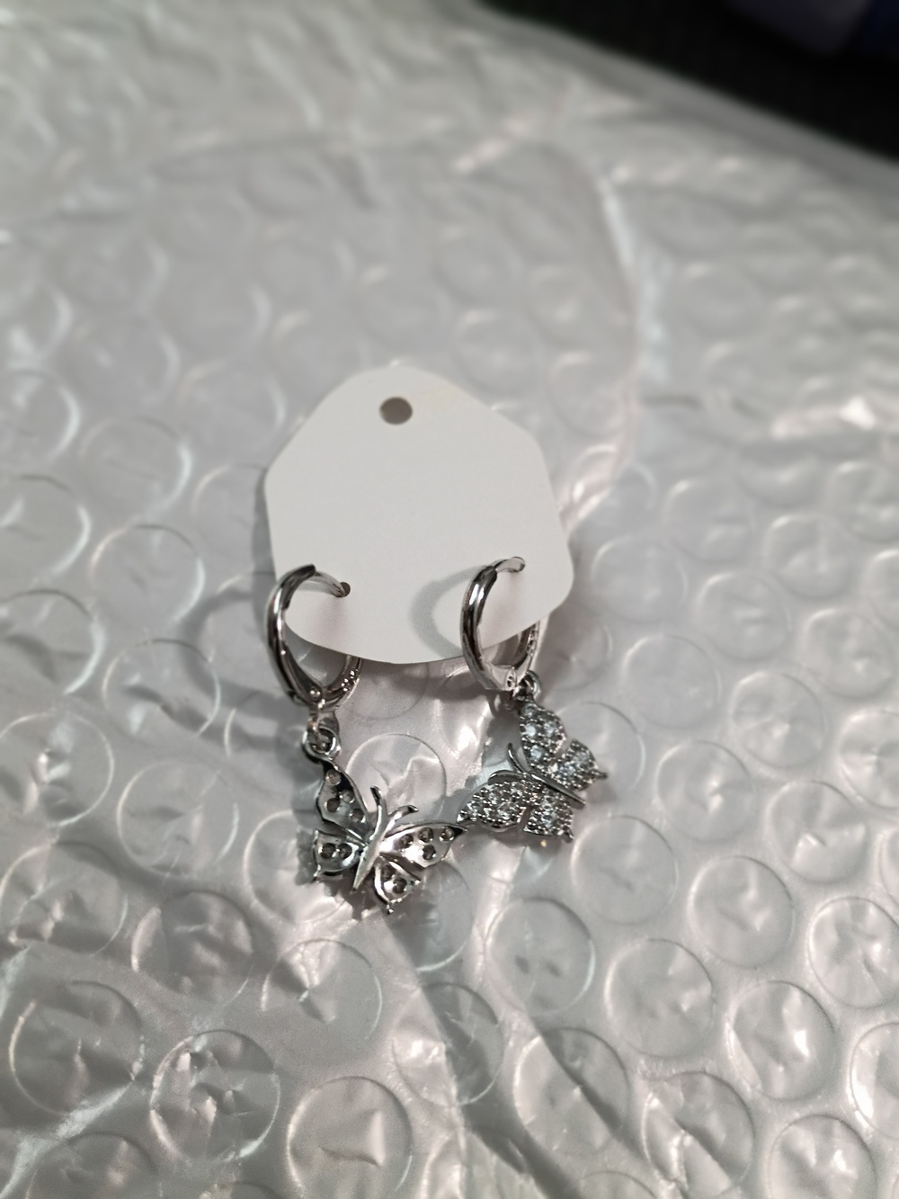 Silver Butterfly Dangle Hoop Earrings - Sparkling Silver Tone